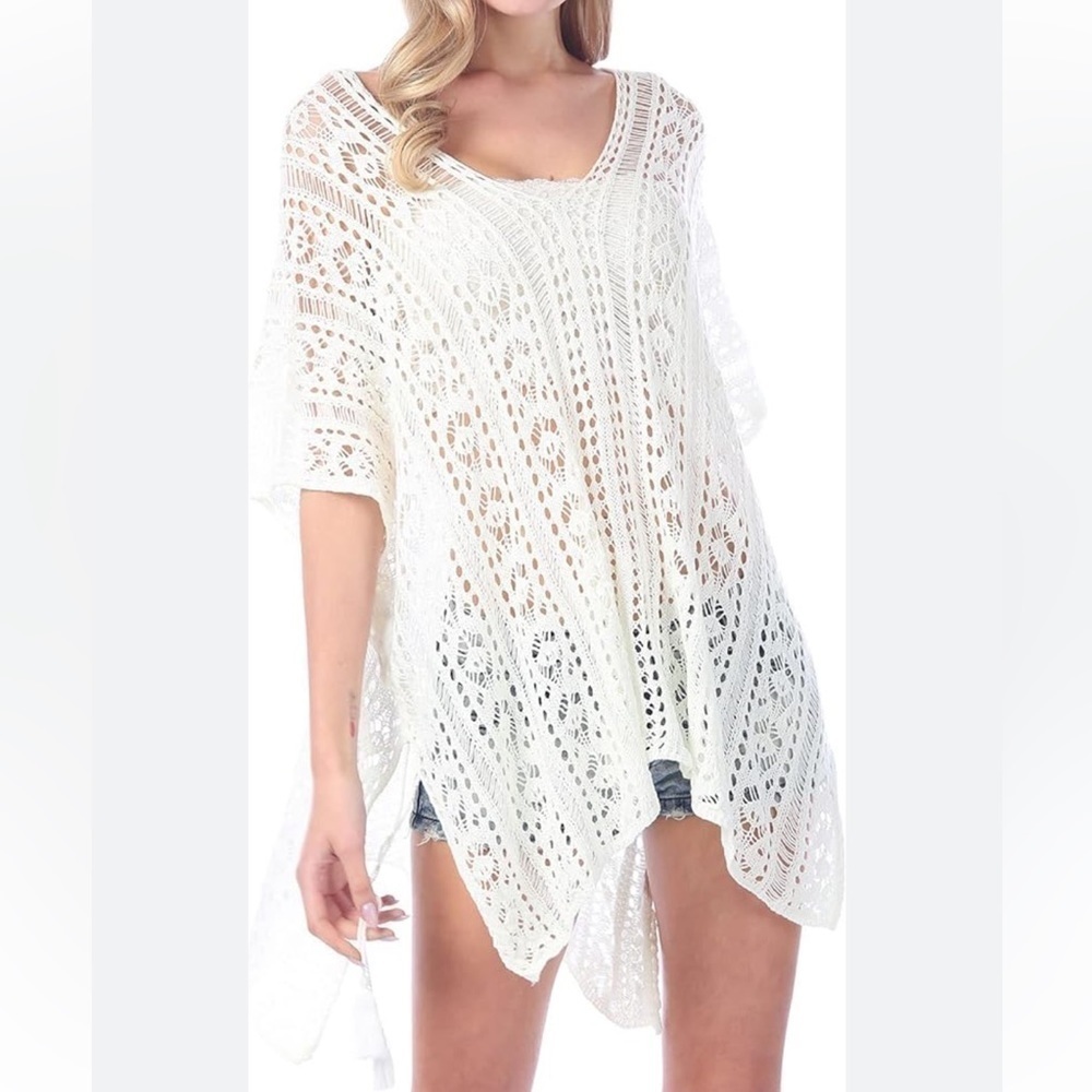 Open Knit Net Swim Cover Up Poncho Boho Lace Up Side White